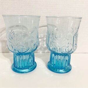 3 Vintage Turquoise Embossed Glass Tumblers